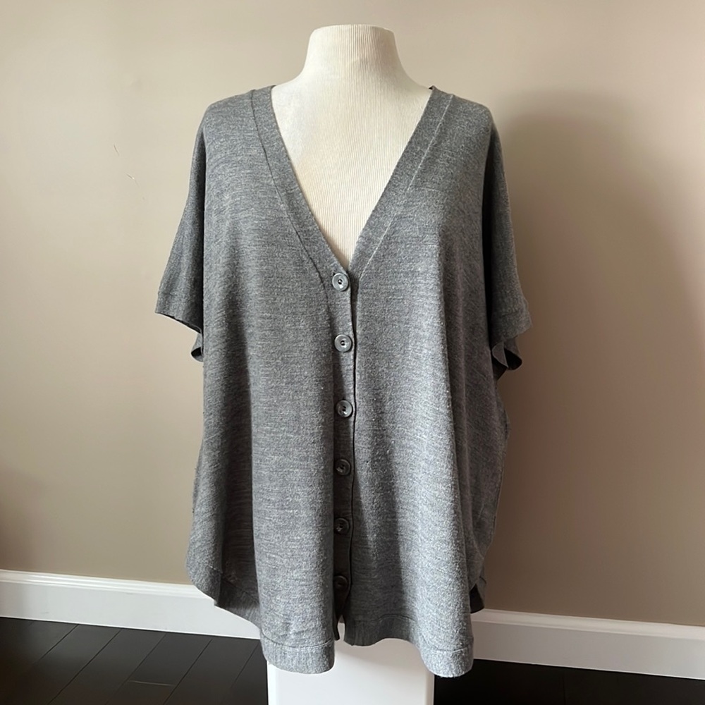 Logix grey short sleeve wool blend oversized Cardigan/poncho V neck w buttons